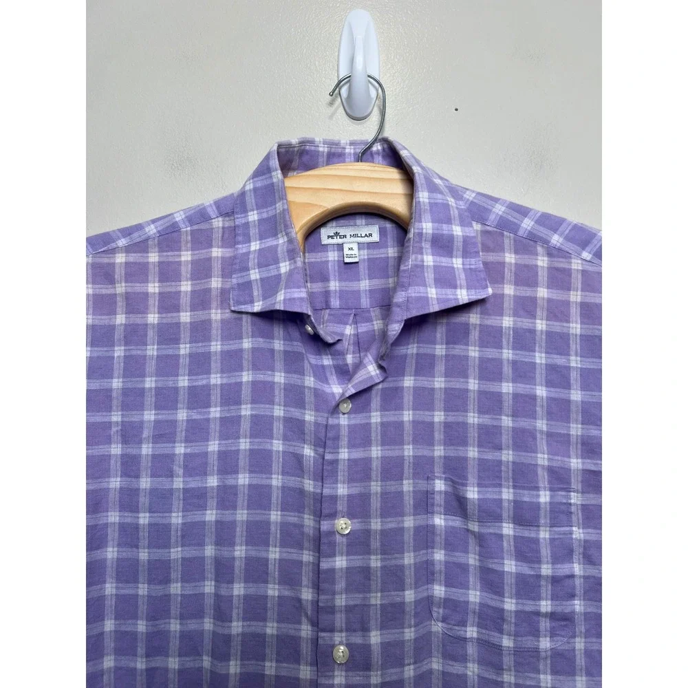 Peter Millar Mens XL Purple Linen Blend Windowpane‎ Check Button Down Shirt